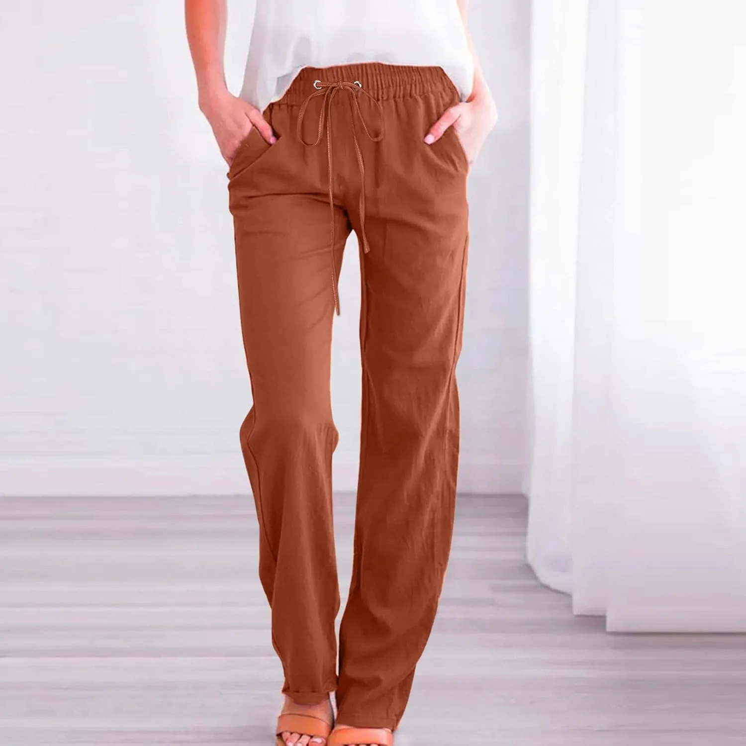 Linen Pants Women Casual Straight Leg Pants High Waist Drawstring Loose Fit Summer Pants Trousers with Pocket