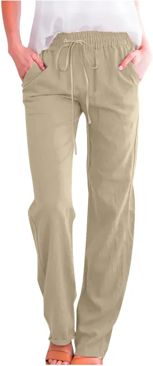 Linen Pants Women Casual Straight Leg Pants High Waist Drawstring Loose Fit Summer Pants Trousers with Pocket