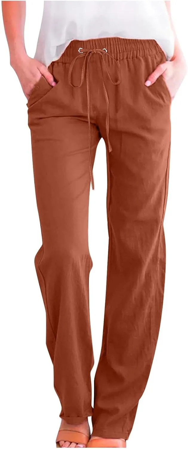 Linen Pants Women Casual Straight Leg Pants High Waist Drawstring Loose Fit Summer Pants Trousers with Pocket