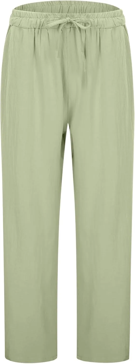 Linen Pants Women Casual Summer Loose Solid Color Boho Plus Size High Waisted Linen Pants Straight Trousers with Pockets