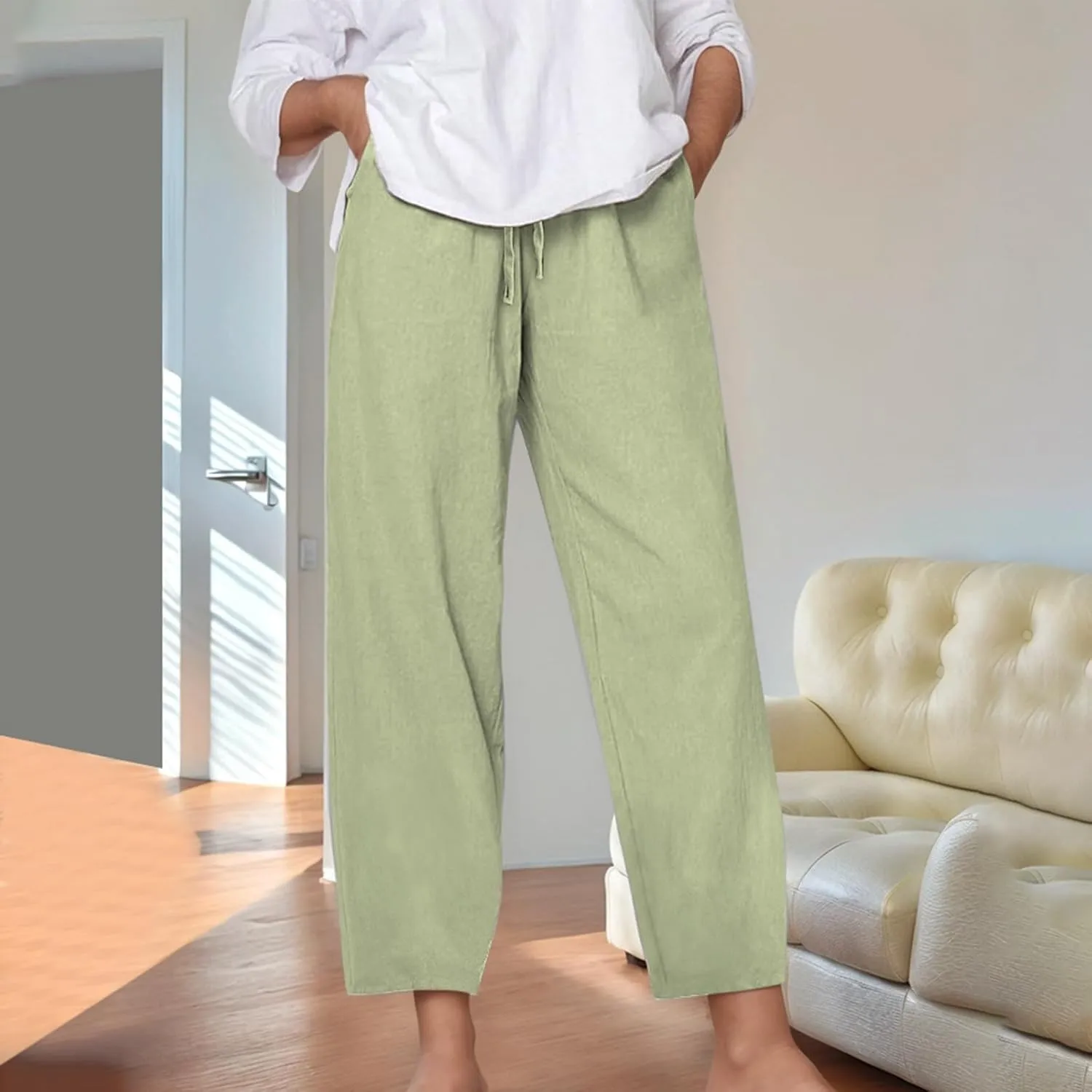 Linen Pants Women Casual Summer Loose Solid Color Boho Plus Size High Waisted Linen Pants Straight Trousers with Pockets