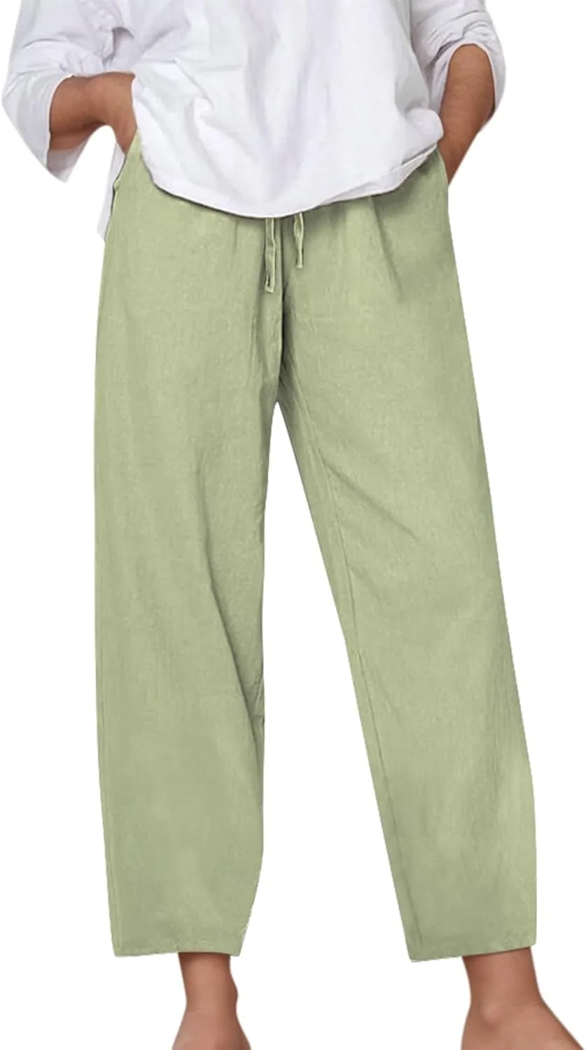 Linen Pants Women Casual Summer Loose Solid Color Boho Plus Size High Waisted Linen Pants Straight Trousers with Pockets