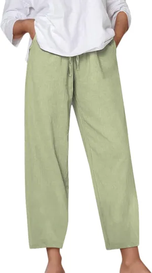 Linen Pants Women Casual Summer Loose Solid Color Boho Plus Size High Waisted Linen Pants Straight Trousers with Pockets