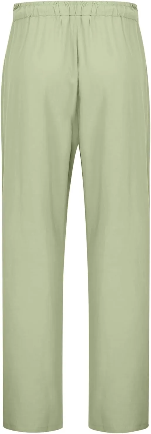 Linen Pants Women Casual Summer Loose Solid Color Boho Plus Size High Waisted Linen Pants Straight Trousers with Pockets