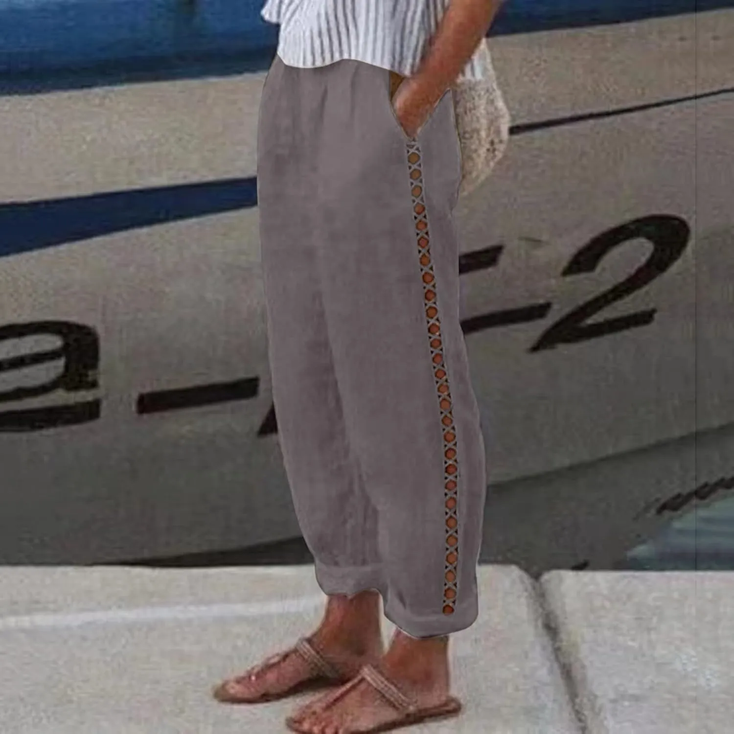 Linen Pants Women Ladies Casual Summer Loose Solid Color Straight Leg Beach High Waist Linen Pants Plus Size Ankle Trousers