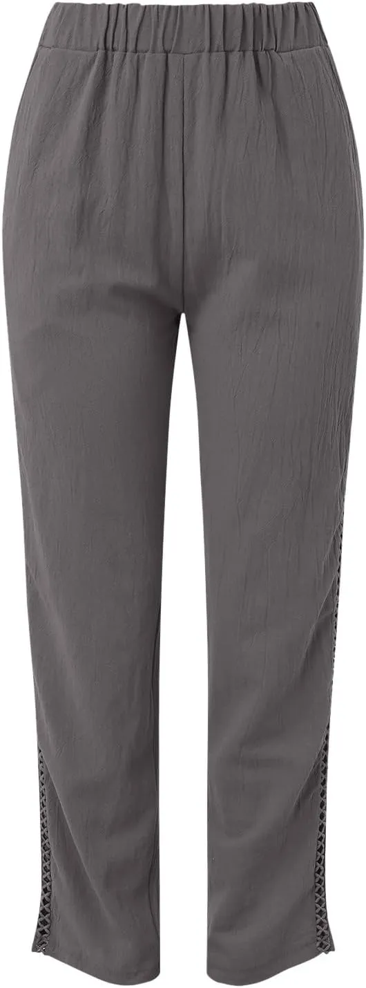 Linen Pants Women Ladies Casual Summer Loose Solid Color Straight Leg Beach High Waist Linen Pants Plus Size Ankle Trousers