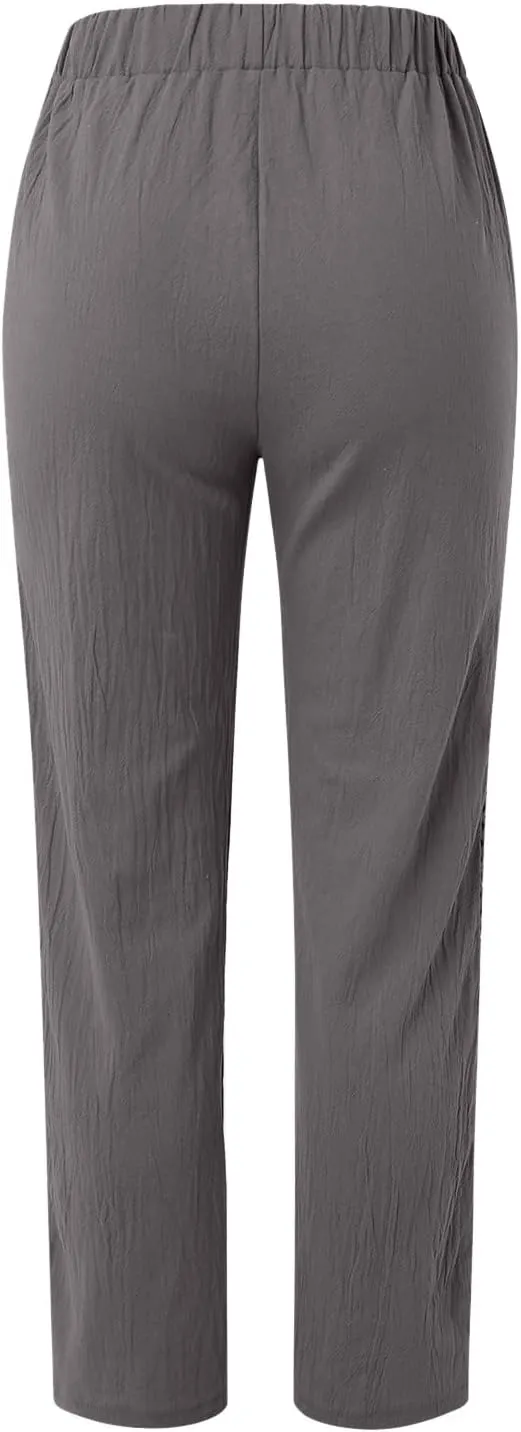 Linen Pants Women Ladies Casual Summer Loose Solid Color Straight Leg Beach High Waist Linen Pants Plus Size Ankle Trousers