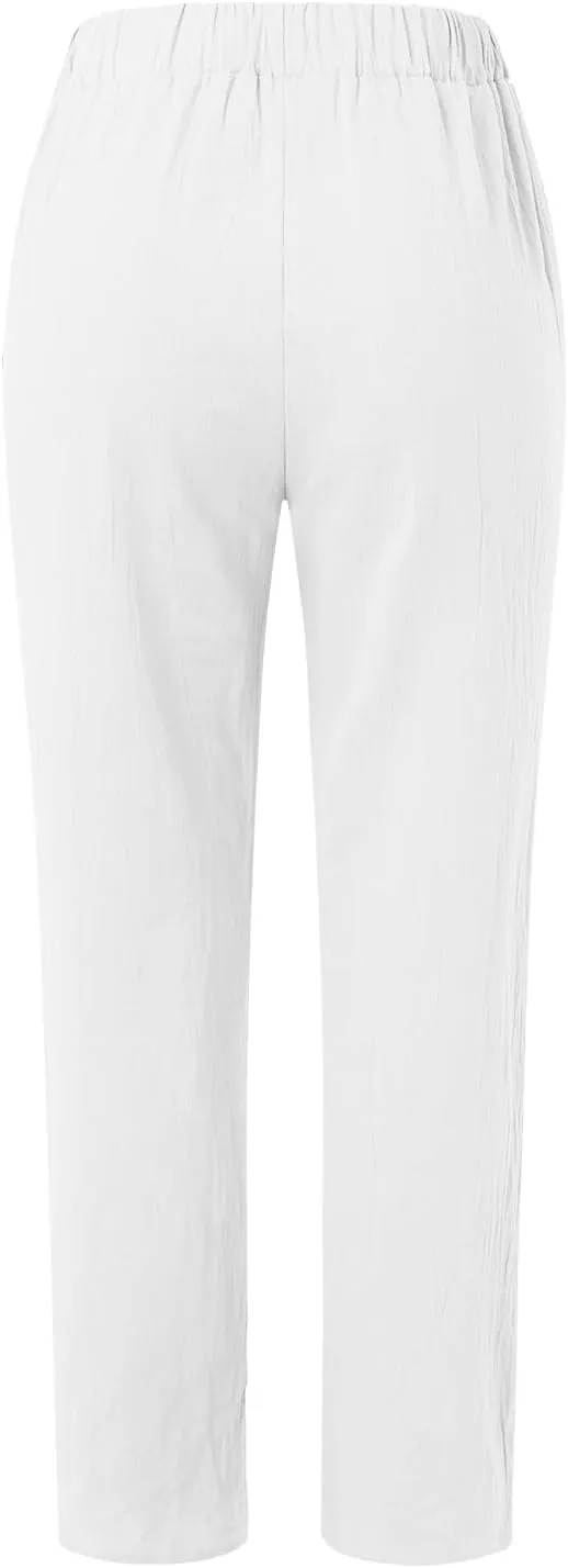 Linen Pants Women Lightweight High Waist Palazzo Trousers with Pockets Casual Solid Going Out Travel Beach Clothes