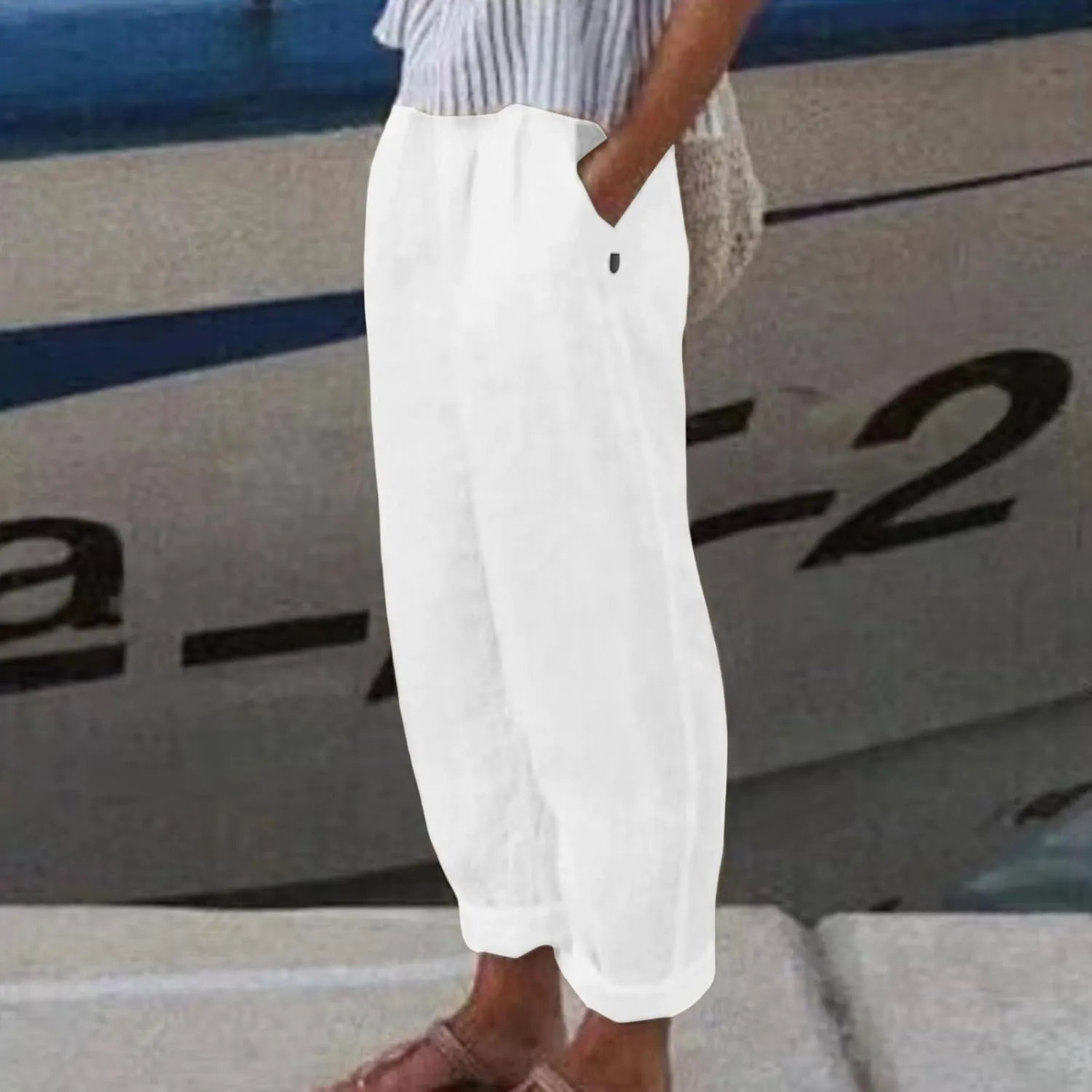 Linen Pants Women Lightweight High Waist Palazzo Trousers with Pockets Casual Solid Going Out Travel Beach Clothes