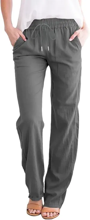 Linen Pants Women Summer Casual Lounge Pants Elastic High Waisted Long Pants Loose Fit Trousers with Pockets Slacks
