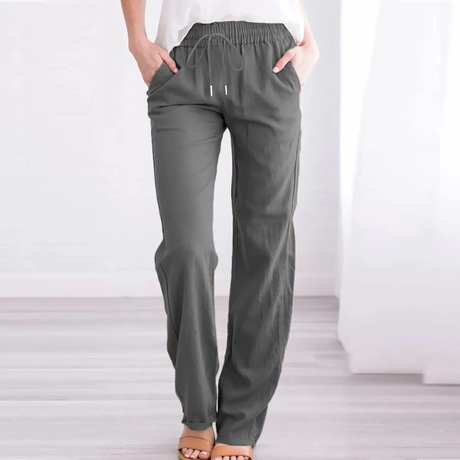 Linen Pants Women Summer Casual Lounge Pants Elastic High Waisted Long Pants Loose Fit Trousers with Pockets Slacks