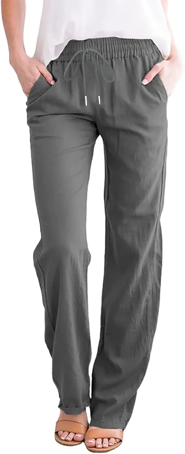 Linen Pants Women Summer Casual Lounge Pants Elastic High Waisted Long Pants Loose Fit Trousers with Pockets Slacks