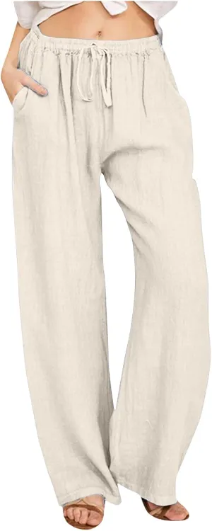 Linen Pants Women Summer High Waisted Drawstring Lounge Pants Wide Leg Beach Casual Trousers with Pockets