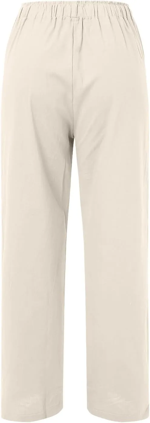 Linen Pants Women Summer High Waisted Drawstring Lounge Pants Wide Leg Beach Casual Trousers with Pockets