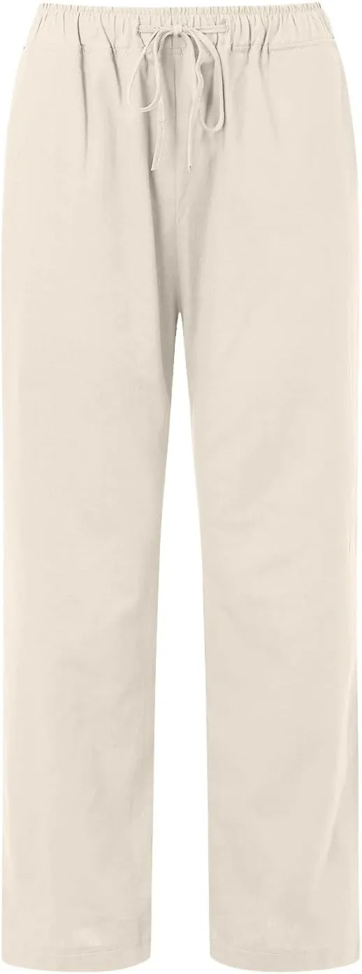Linen Pants Women Summer High Waisted Drawstring Lounge Pants Wide Leg Beach Casual Trousers with Pockets