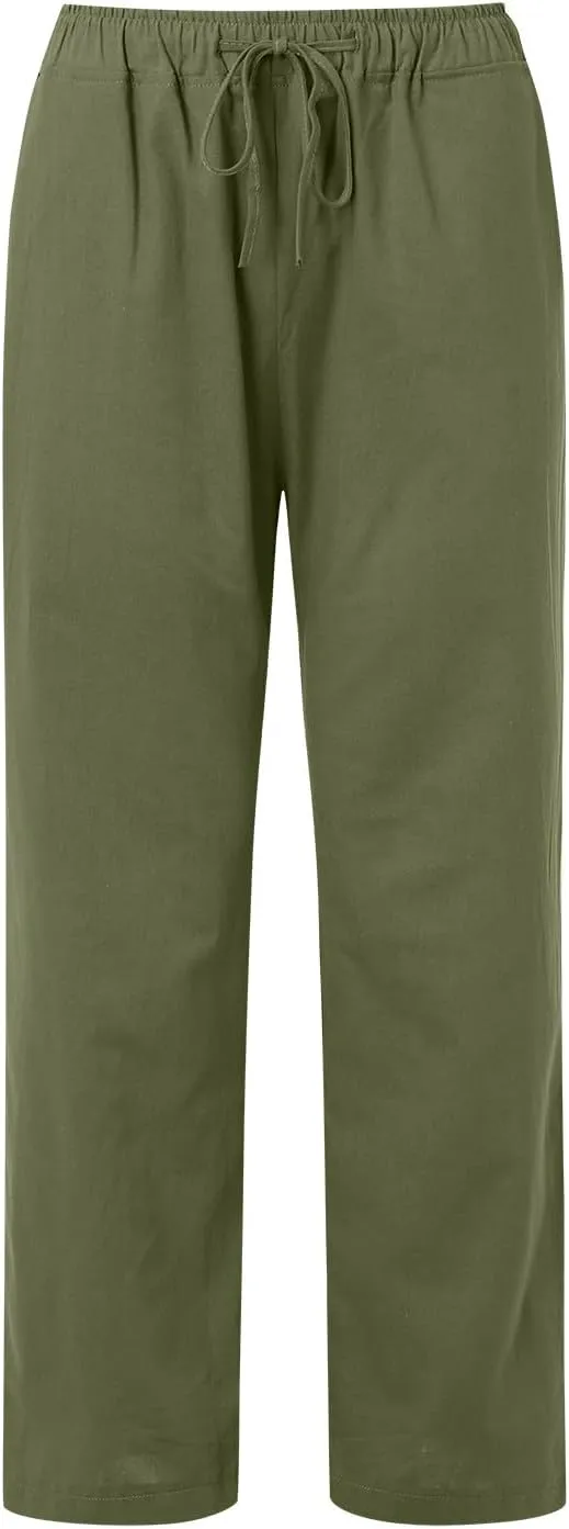 Linen Pants Women Summer High Waisted Drawstring Lounge Pants Wide Leg Beach Casual Trousers with Pockets