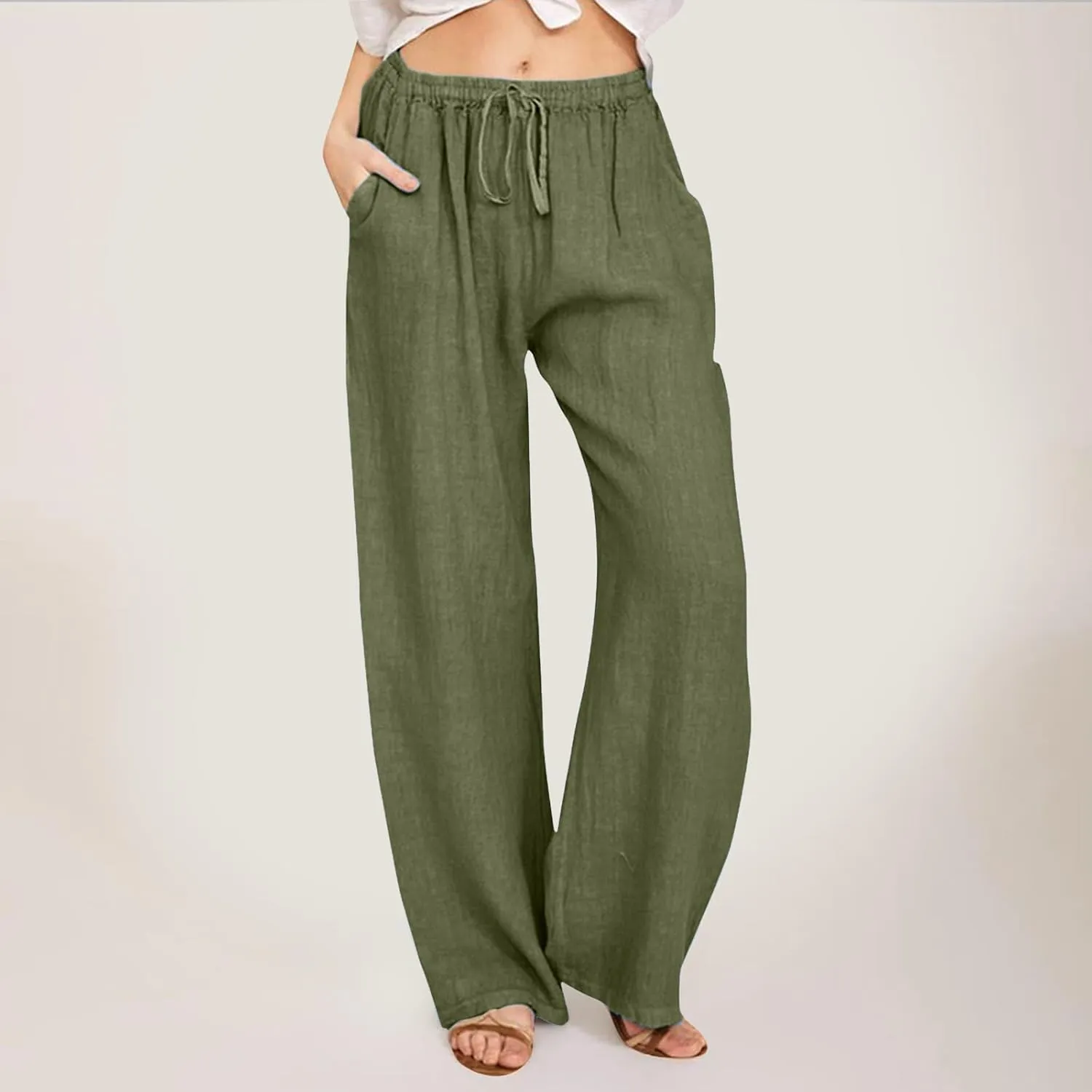 Linen Pants Women Summer High Waisted Drawstring Lounge Pants Wide Leg Beach Casual Trousers with Pockets