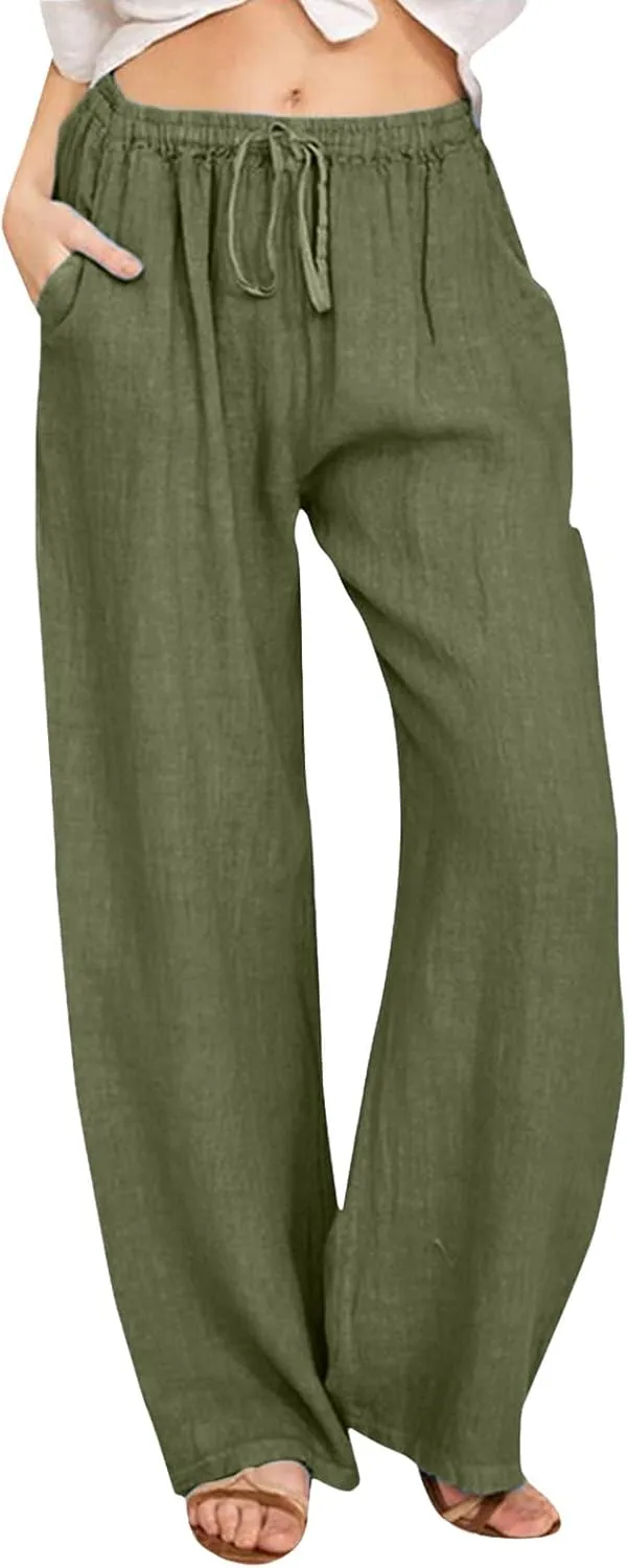 Linen Pants Women Summer High Waisted Drawstring Lounge Pants Wide Leg Beach Casual Trousers with Pockets