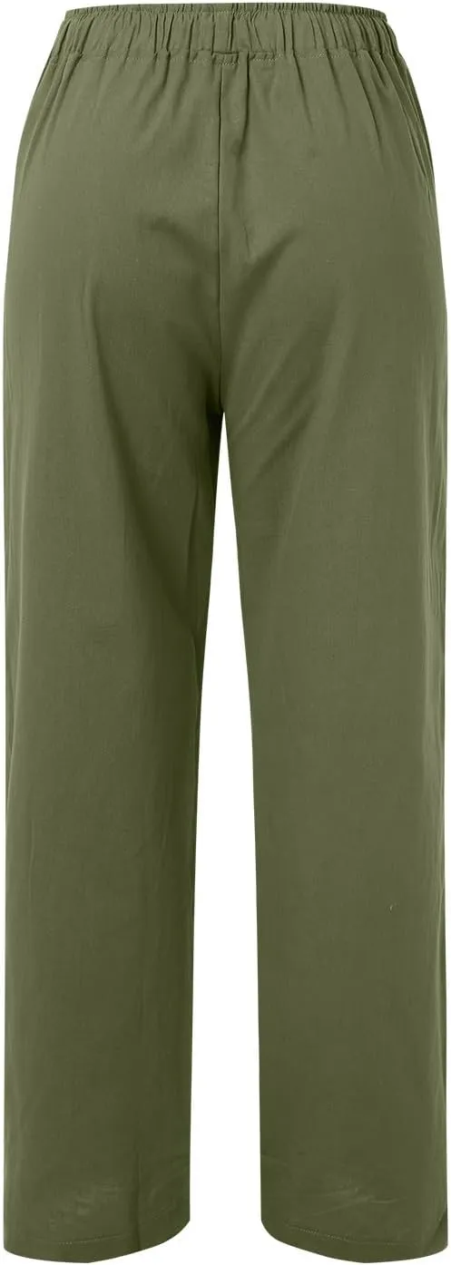 Linen Pants Women Summer High Waisted Drawstring Lounge Pants Wide Leg Beach Casual Trousers with Pockets