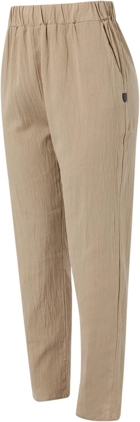 Linen Pants Women Summer Leg Pants Fashion Drawstring Elastic Trousers Comfy Straight Leg Long Pants with Pockets