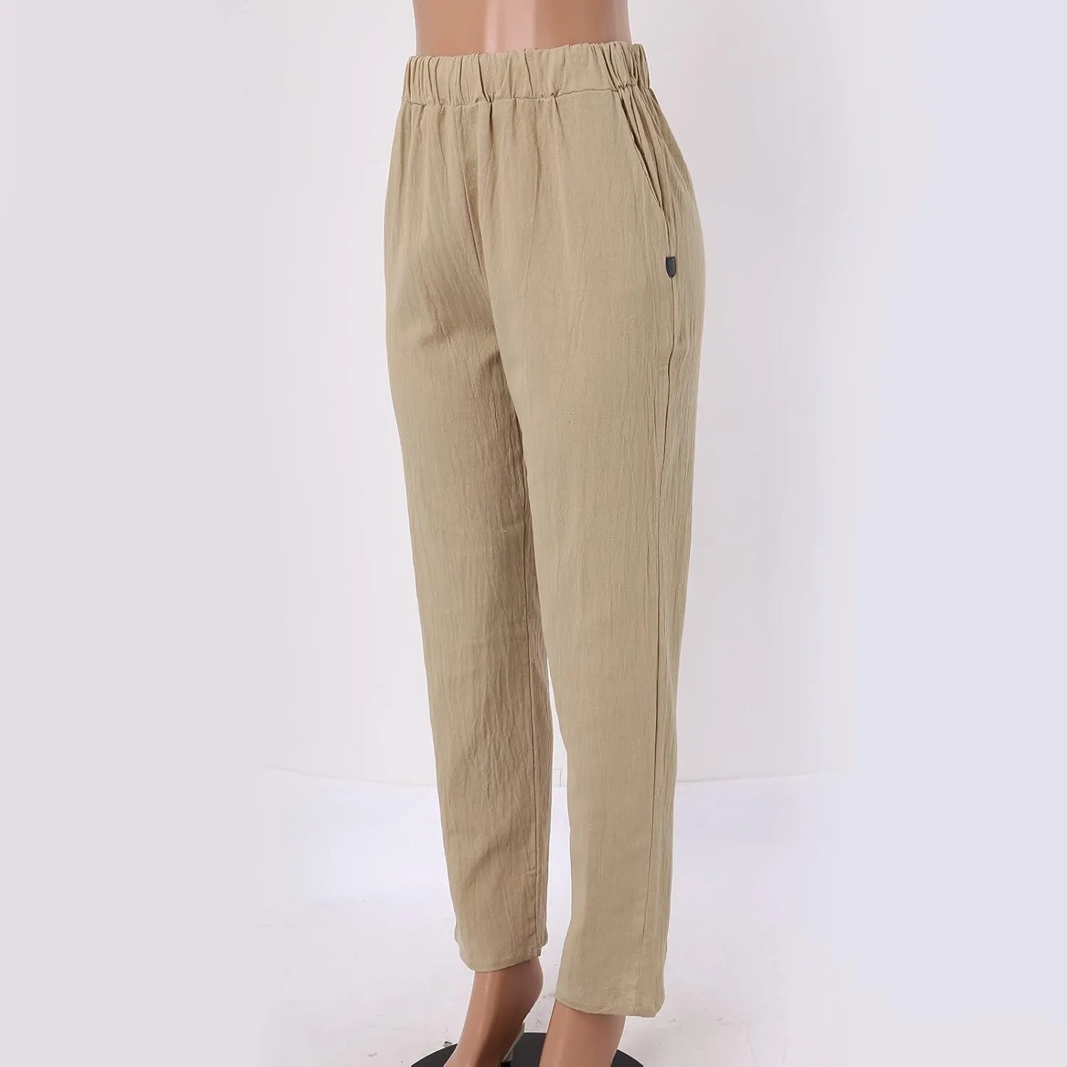 Linen Pants Women Summer Leg Pants Fashion Drawstring Elastic Trousers Comfy Straight Leg Long Pants with Pockets