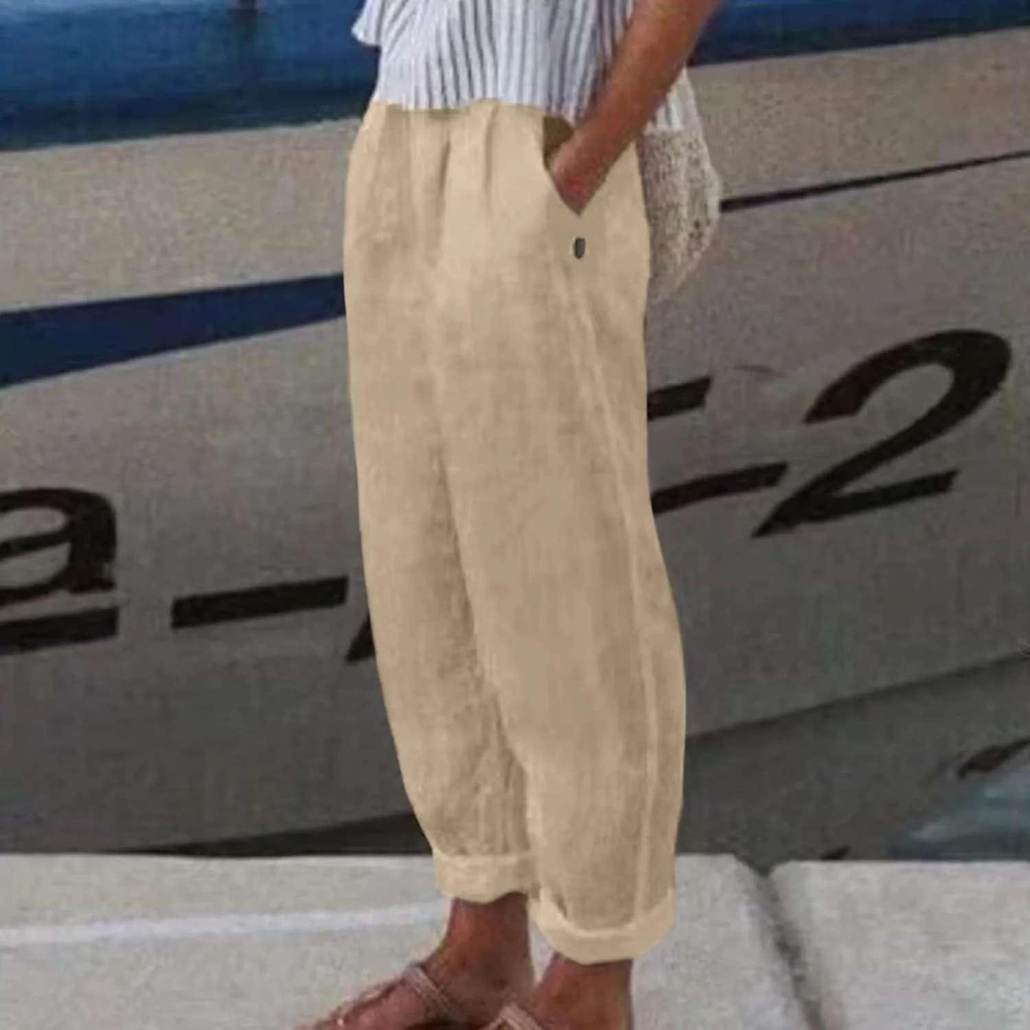 Linen Pants Women Summer Leg Pants Fashion Drawstring Elastic Trousers Comfy Straight Leg Long Pants with Pockets