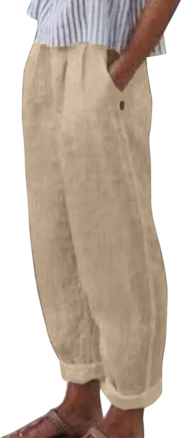 Linen Pants Women Summer Leg Pants Fashion Drawstring Elastic Trousers Comfy Straight Leg Long Pants with Pockets