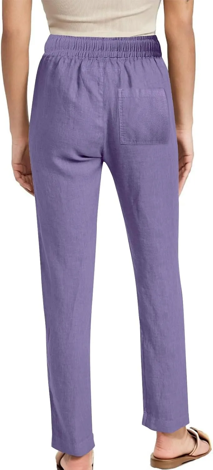 Linen Pants Womens High Waist Drawstring Pant with Pockets Summer Beach Vacation Long Slacks Wide Leg Long Trouser