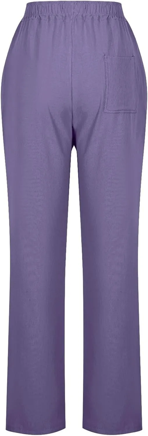 Linen Pants Womens High Waist Drawstring Pant with Pockets Summer Beach Vacation Long Slacks Wide Leg Long Trouser