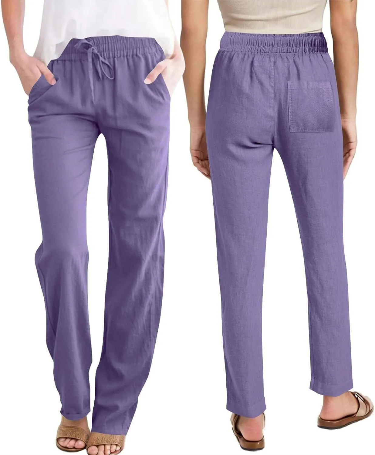 Linen Pants Womens High Waist Drawstring Pant with Pockets Summer Beach Vacation Long Slacks Wide Leg Long Trouser