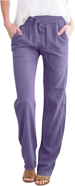 Linen Pants Womens High Waist Drawstring Pant with Pockets Summer Beach Vacation Long Slacks Wide Leg Long Trouser