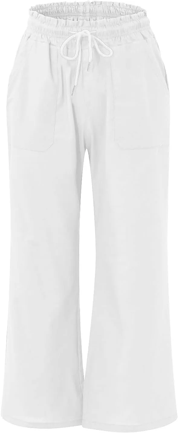 Linen Wide Leg Pants for Women Casual Summer Elastic Waist Loose Fit Beach Pants Comfy Flowy Lounge Pant with Pockets