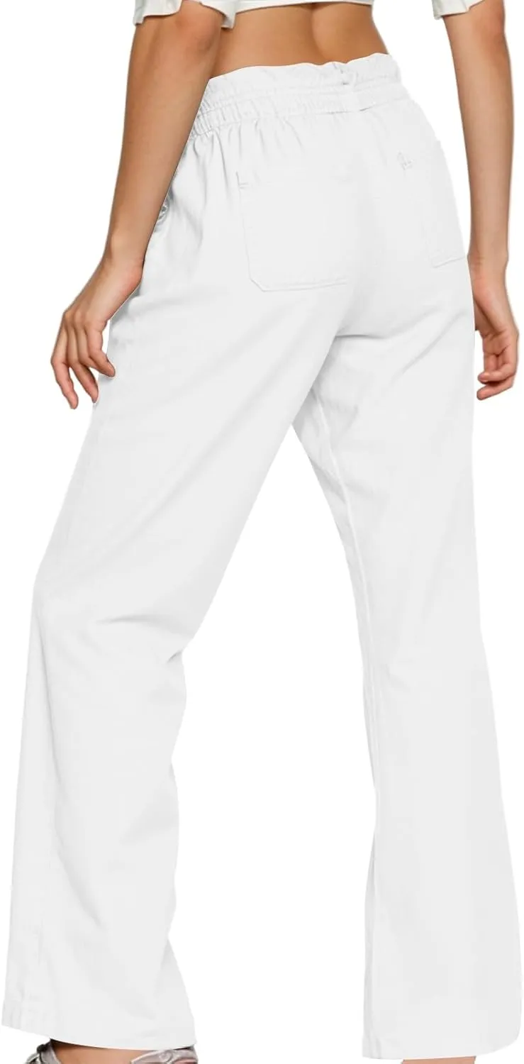 Linen Wide Leg Pants for Women Casual Summer Elastic Waist Loose Fit Beach Pants Comfy Flowy Lounge Pant with Pockets