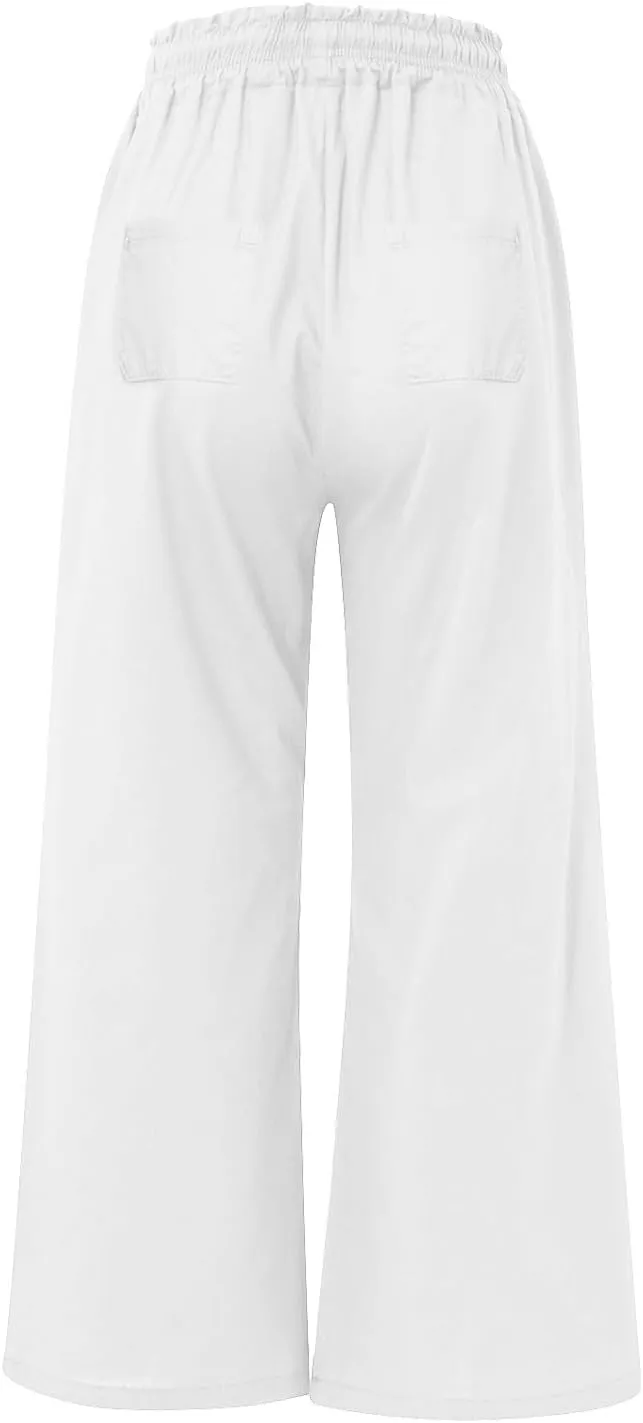 Linen Wide Leg Pants for Women Casual Summer Elastic Waist Loose Fit Beach Pants Comfy Flowy Lounge Pant with Pockets