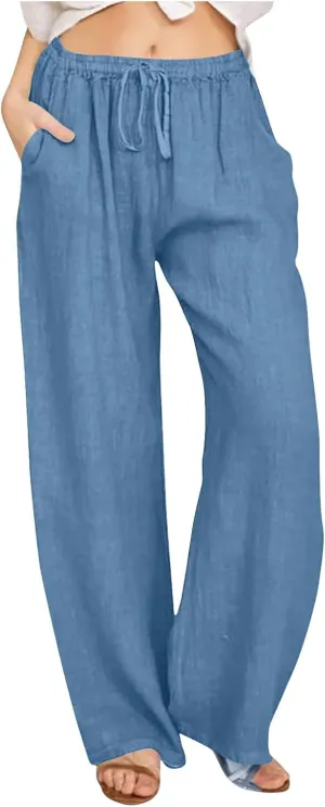 Linen Wide Leg Pants Women Pant High Waisted Drawstring Baggy Trousers 2025 Casual Summer Palazzo Pant with Pockets