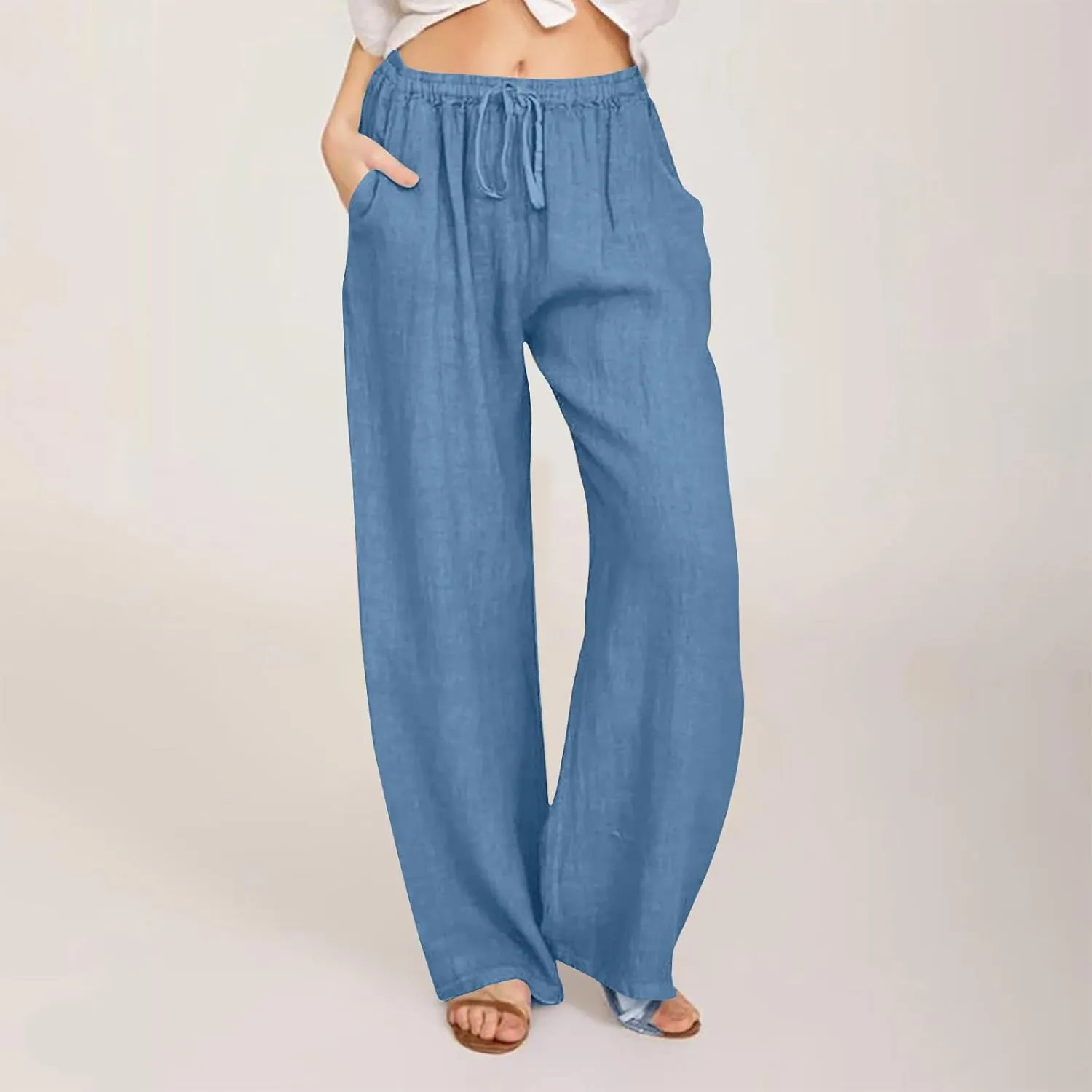 Linen Wide Leg Pants Women Pant High Waisted Drawstring Baggy Trousers 2025 Casual Summer Palazzo Pant with Pockets