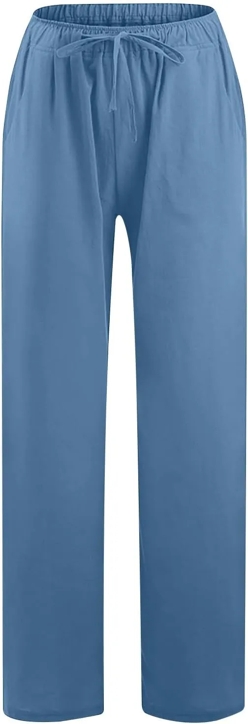 Linen Wide Leg Pants Women Pant High Waisted Drawstring Baggy Trousers 2025 Casual Summer Palazzo Pant with Pockets