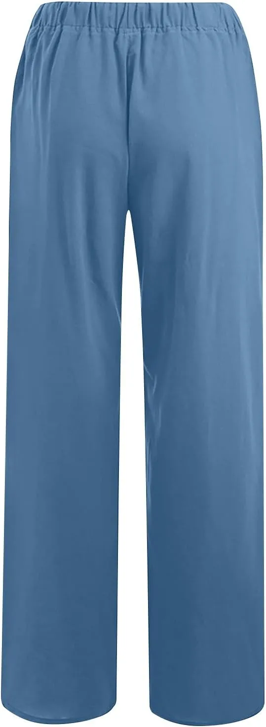 Linen Wide Leg Pants Women Pant High Waisted Drawstring Baggy Trousers 2025 Casual Summer Palazzo Pant with Pockets