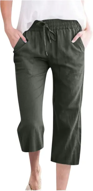Lmdudan 2025 Capri Pants for Women Summer Linen Pants Drawstring Waisted Casual Wide Leg Trousers Cropped Pants with Pockets