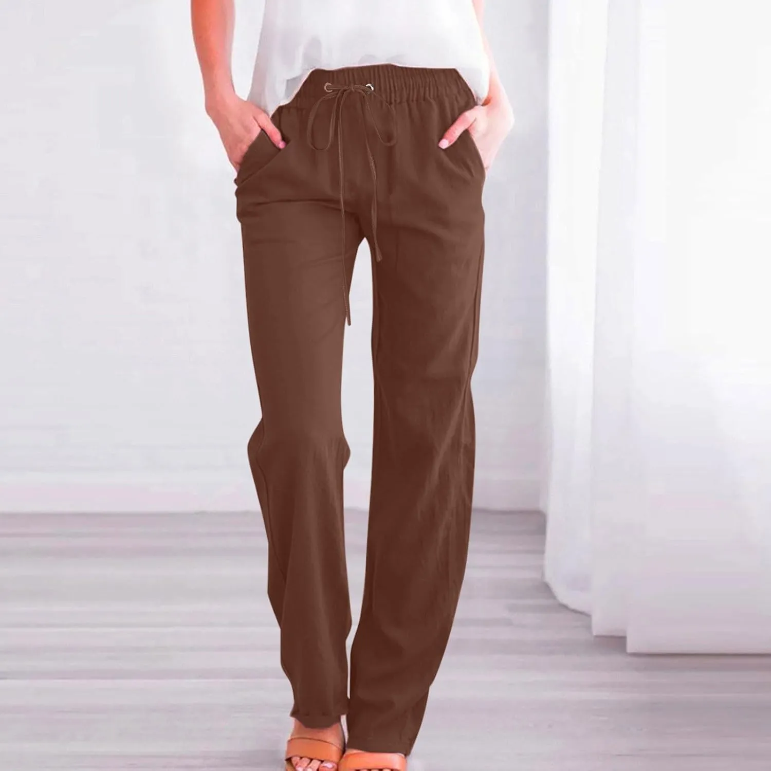 Lmdudan 2025 Summer Women Linen Palazzo Pants Boho Wide Leg High Waist Casual Pant Solid Color Work Trousers with Pockets