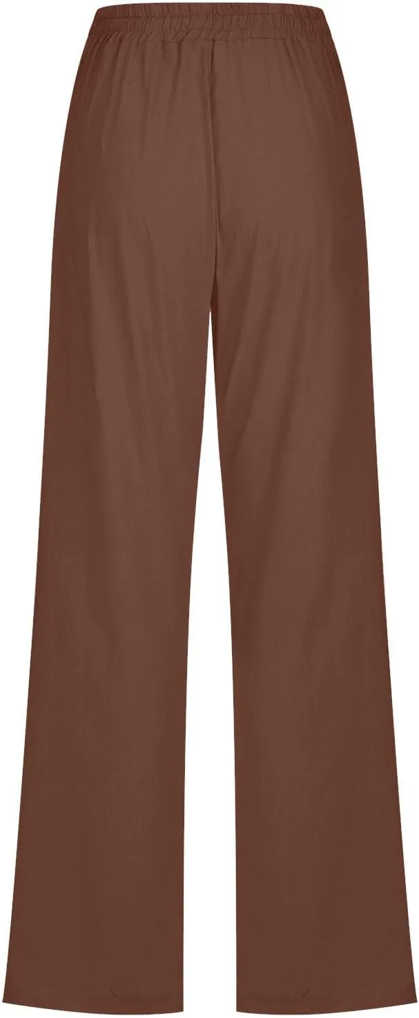 Lmdudan 2025 Summer Women Linen Palazzo Pants Boho Wide Leg High Waist Casual Pant Solid Color Work Trousers with Pockets