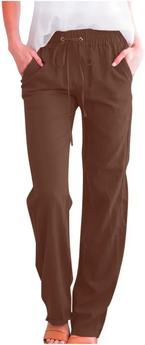 Lmdudan 2025 Summer Women Linen Palazzo Pants Boho Wide Leg High Waist Casual Pant Solid Color Work Trousers with Pockets