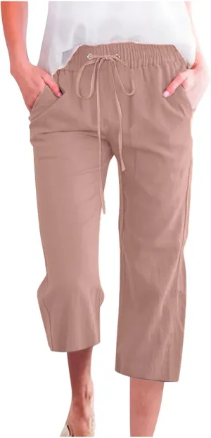 Lmdudan Linen Capri Pants for Women Summer Casual 2025 Womens Capris with Pockets High Waisted Drawstring Cropped Trousers