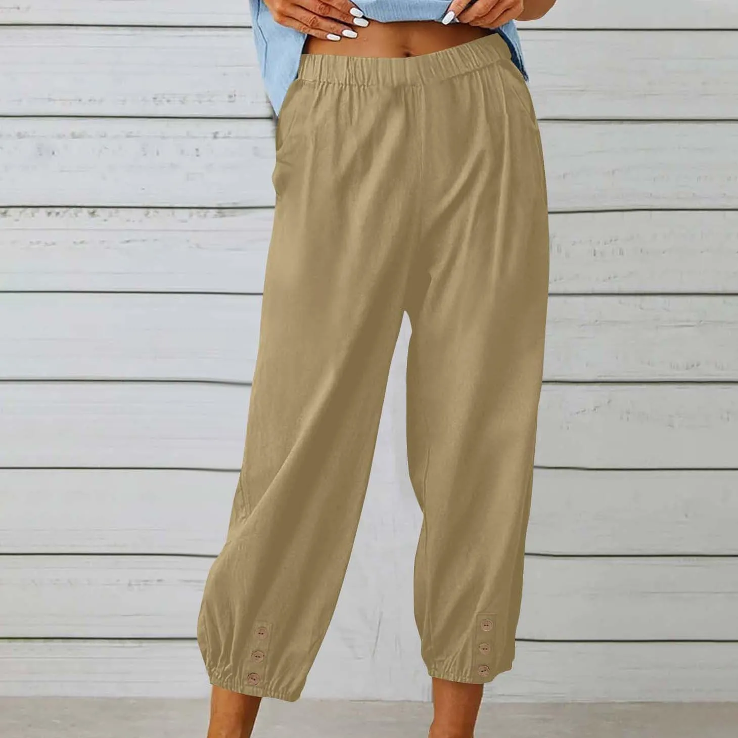Lmdudan Women Linen Capri Pants Casual Drawstring Elastic High Waist Baggy Wide Leg Cropped Pants Trousers for Ladies Summer