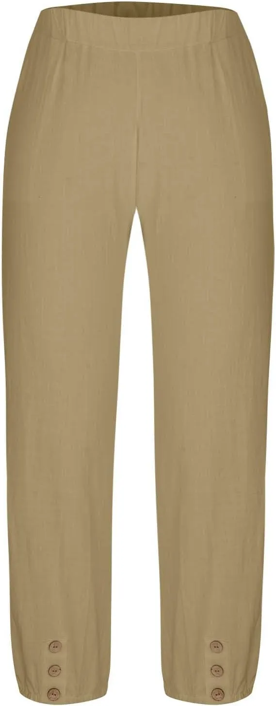 Lmdudan Women Linen Capri Pants Casual Drawstring Elastic High Waist Baggy Wide Leg Cropped Pants Trousers for Ladies Summer