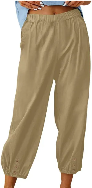 Lmdudan Women Linen Capri Pants Casual Drawstring Elastic High Waist Baggy Wide Leg Cropped Pants Trousers for Ladies Summer