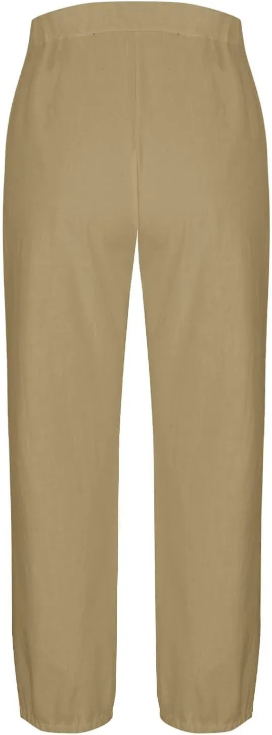 Lmdudan Women Linen Capri Pants Casual Drawstring Elastic High Waist Baggy Wide Leg Cropped Pants Trousers for Ladies Summer