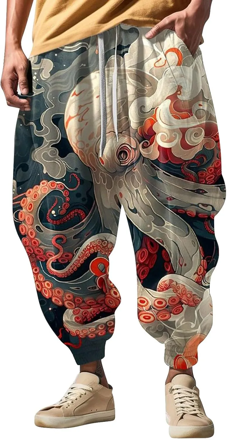 Loose Drop Crotch Trousers Casual Drawstring Men Elastic Waist with Pockets Tapered Sweatpants for Men Multi Pockets