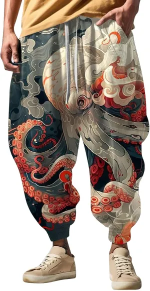 Loose Drop Crotch Trousers Casual Drawstring Men Elastic Waist with Pockets Tapered Sweatpants for Men Multi Pockets