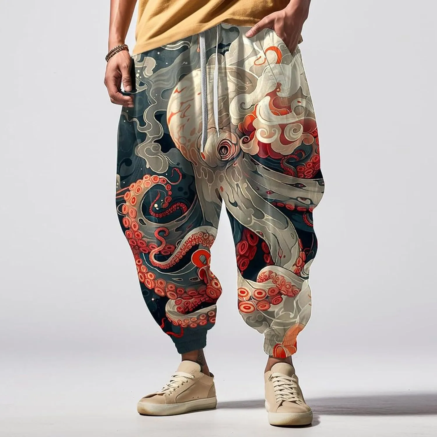 Loose Drop Crotch Trousers Casual Drawstring Men Elastic Waist with Pockets Tapered Sweatpants for Men Multi Pockets